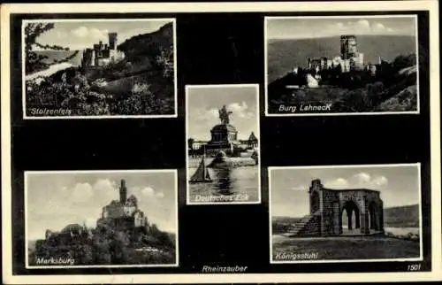 Ak Oberlahnstein Lahnstein am Rhein, Burg Lahneck, Deutsches Eck, Marksburg, Königsstuhl