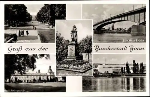 Ak Bonn am Rhein, Beethovendenkmal, Poppelsdorfer Allee, Neue Brücke, Universität, Bundeshaus