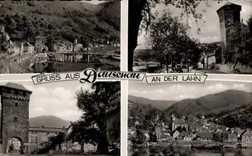 Ak Dausenau an der Lahn, Bahnstrecke, Turm, Torbogen, Gesamtansicht