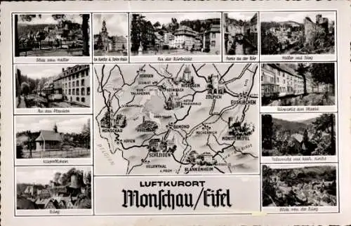 Ak Monschau Montjoie in der Eifel, Landkarte, Haller, Burg, Kapellchen, ev. und kath. Kirche, Markt