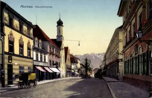 Ak Murnau am Staffelsee in Oberbayern, Hauptstraße mit Uhrenturm, Kutsche