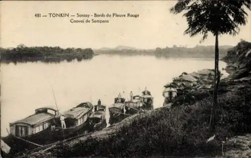 Ak Son Tay Sontay Tonkin Vietnam, Ufer des Roten Flusses, Konvoi von Sampans