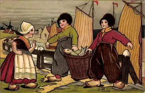 Künstler Ak Wills, Kinder in niederländischen Volkstrachten, Fischfang, Fische im Korb