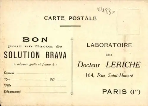 Ak Paris I., Reklame, Laboratoire du Docteur Leriche, Rue Saint Honore, Solution Brava