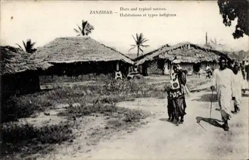 Ak Sansibar Tansania, Hütten und typische Einheimische
