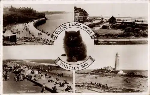 Ak Whitley Bay Nordosten, Promenade, Sand, Leuchtturm