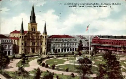 Ak New Orleans Louisiana USA, Jackson Square showing Cabildo, Cathedral St Louis, Old Court House