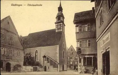 Ak Waiblingen in Württemberg, Nikolauskirche, Geschäft K. Oberamt