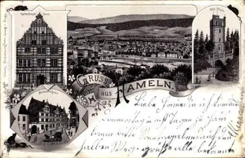 Litho Hameln an der Weser Niedersachsen, Rattenfängerhaus, Hochzeitshaus, Klütturm, Totale