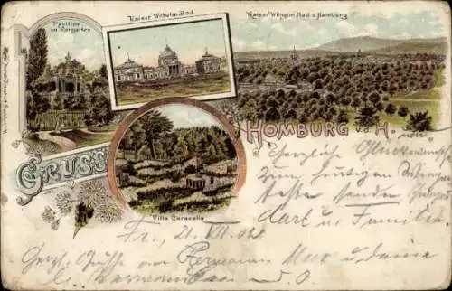 Litho Bad Homburg vor der Höhe Hessen, Kaiser-Wilhelm-Bad, Pavillon, Kurgarten, Villa Caracalla