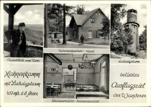 Ak Alzenau im Spessart Unterfranken, Hahnenkamm, Rundblick v. Turm, Ludwigsturm, Restauration