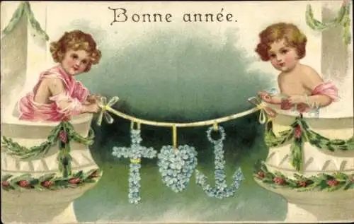 Präge Ak Glückwunsch Neujahr, Engel, Vergissmeinnicht, Kreuz, Herz, Anker