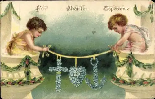 Präge Ak Engel, Vergissmeinnicht, Kreuz, Herz, Anker, Allegorie