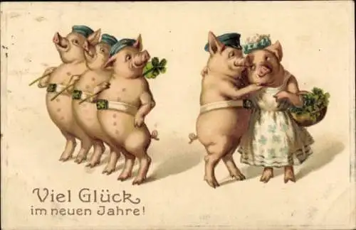 Präge Ak Glückwunsch Neujahr, Vermenschlichte schweine als Soldaten