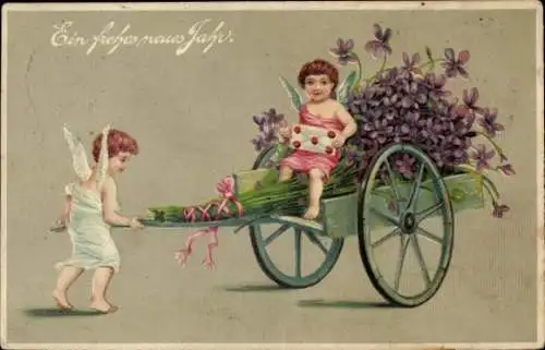 Präge Ak Glückwunsch Neujahr, Engel, Schubkarre, Veilchen