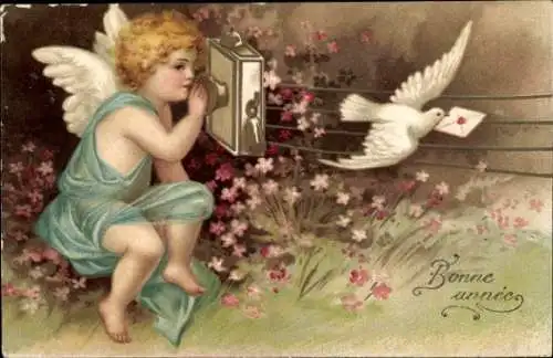 Präge Ak Glückwunsch Neujahr, Engel, Telefon, Taube