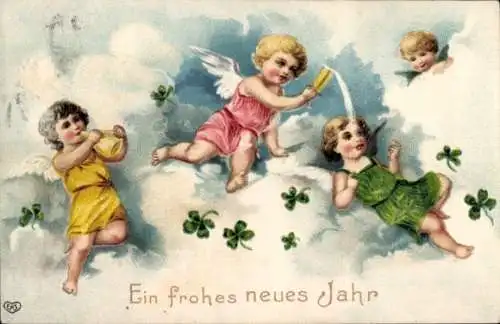 Ak Glückwunsch Neujahr, Engel, Kleeblätter, Sekt