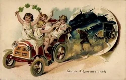Präge Ak Glückwunsch Neujahr, Kinder, Auto, Automobil, Glücksklee