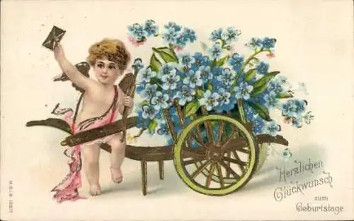 Ak Glückwunsch Geburtstag, Engel, Schubkarre, Vergissmeinnicht