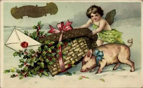 Präge Ak Glückwunsch Neujahr, Engel, Stechpalme, Schwein