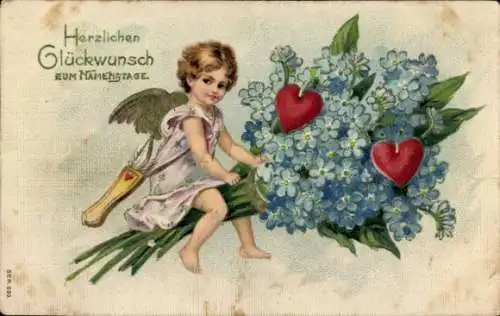 Ak Glückwunsch Namenstag, Engel, Blumen, Vergissmeinnicht