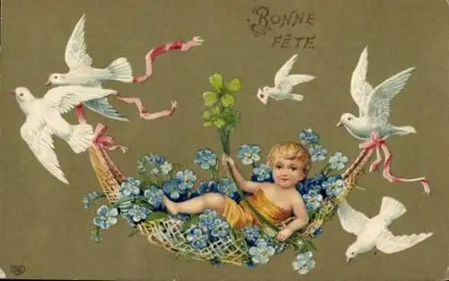 Präge Ak Glückwunsch, Engel, Hängematte, Vergissmeinnicht, Tauben