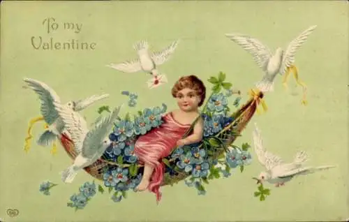 Präge Ak Glückwunsch Valentinstag, Engel, Hängematte, Vergissmeinnicht, Tauben
