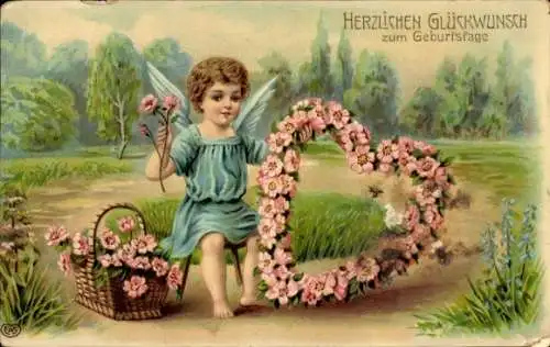 Ak Glückwunsch Geburtstag, Engel, Blumen, Blumenkorb
