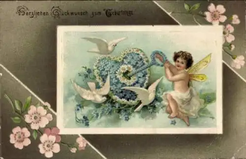 Präge Ak Glückwunsch Geburtstag, Engel, Tauben, Vergissmeinnicht