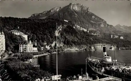 Ak Brunnen Kt. Schwyz Schweiz, Vierwaldstättersee, Dampfer Wilhelm Tell, Grand Hotel