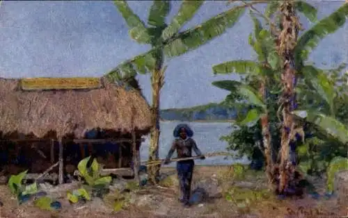 Künstler Ak Müller, Peter Paul, Papua in Neuguinea, Dorf, Hütte, Strohdach