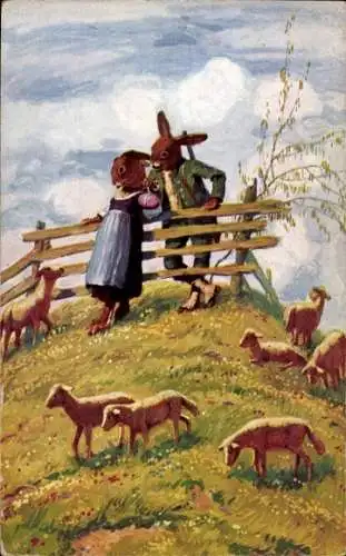 Ak Hasen als Jäger und Hirtin, Lämmer auf der Wiese