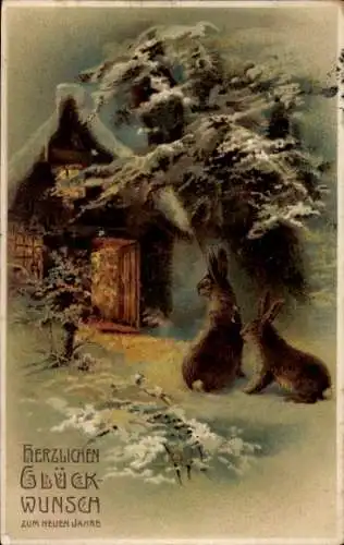 Litho Glückwunsch Neujahr, Hasen, Wohnhaus