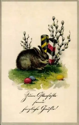 Ak Glückwunsch Ostern, Osterhase, Ostereier, Weidenkätzchen, Grenzsteine