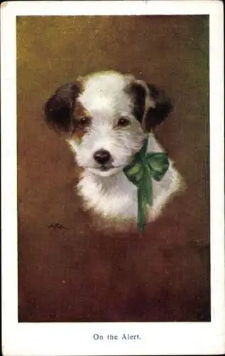 Künstler Ak Hund mit grüner Schleife