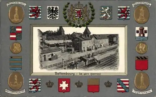 Präge Wappen Passepartout Ak Bettemburg Bettemburg Luxemburg, Gare, Perron
