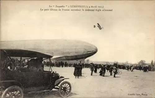 Ak Lunéville Lothringen Meurthe et Moselle, Dirigéable allemand, Zeppelin, Avion francais