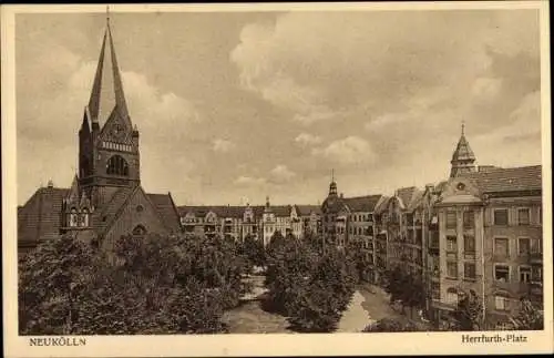 Ak Berlin Neukölln, Herrfurth Platz, Kirche