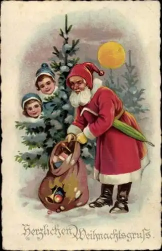 Ak Frohe Weihnachten, Weihnachtsmann, Geschenkesack, Tannenbaum, Kinder