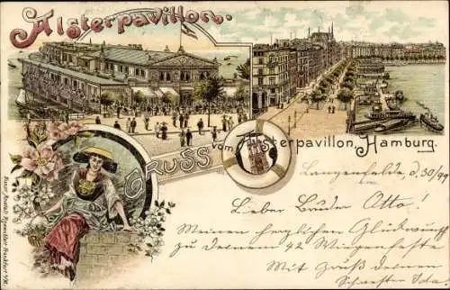 Litho Hamburg Mitte Altstadt, Alsterpavillon, Jungfernstieg, Frau in Tracht