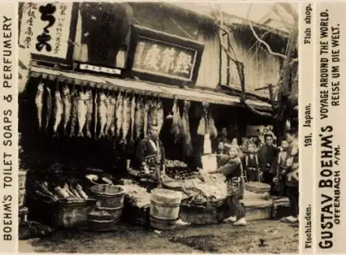 Foto Japan, Gustav Boehm's Reise um die Welt, Reklame Boehm's Toilet Soaps, Fischladen