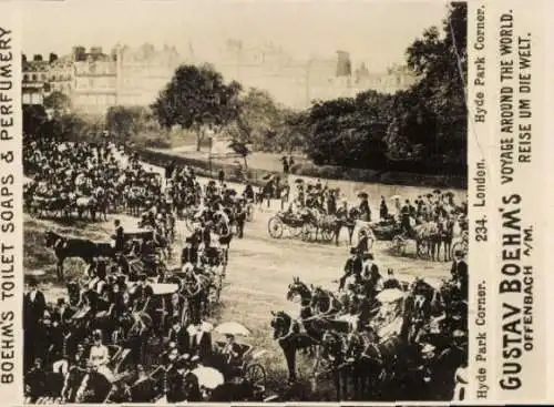 Foto London City, Hyde Park Corner, Gustav Boehm's Reise um die Welt, Reklame Boehm's Toilet Soaps