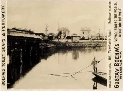 Foto Yokohama Japan, Gustav Boehm's Reise um die Welt, Reklame Boehm's Toilet Soaps, Bahnhof