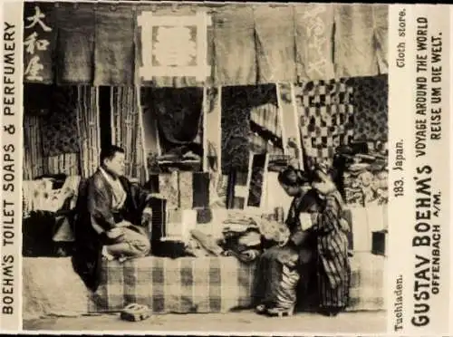 Foto Japan, Tuchladen, Gustav Boehm's Reise um die Welt, Reklame Boehm's Toilet Soaps