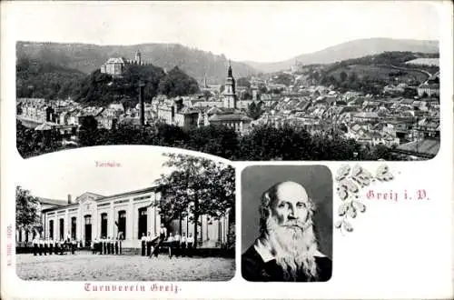 Ak Greiz im Vogtland, Gesamtansicht, Turnverein, Turnhalle