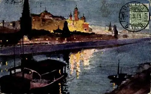 Ak Moskau Russland, Stadtansicht bei Nacht