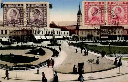 Ak Szabadka Subotica Serbien, Szent István tér, Blick auf einen Platz, Kirchturm