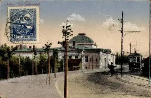 Ak Liepaja Libau Lettland, Badeanstalt, Straßenbahn