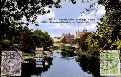 Ak Riga Lettland, Schwanenhäuschen und Basteibrücke