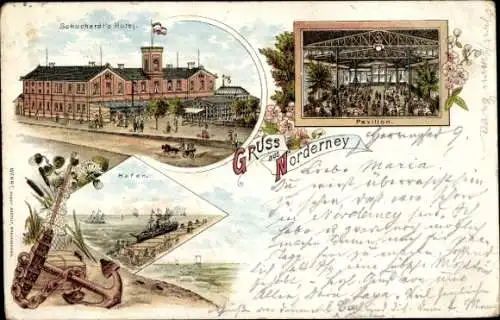 Litho Nordseebad Norderney Ostfriesland, Hafen, Pavillon, Schuchardt's-Hotel